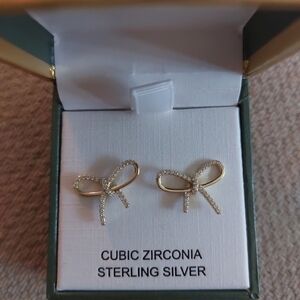 NWT Charlotte & Lexi Gold Bow Earrings Cubic Zirconia Sterling Silver